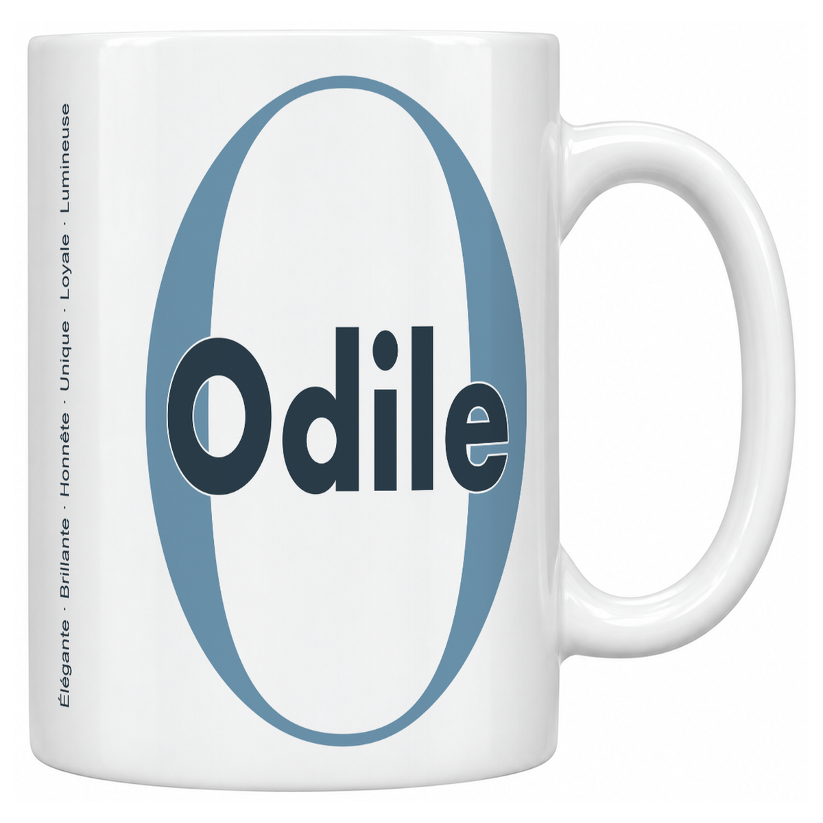 Mug blanc céramique 330 ml prénom Odile : grande initiale O, prénom Odile en lettres bold et six qualités verticales sur le côté