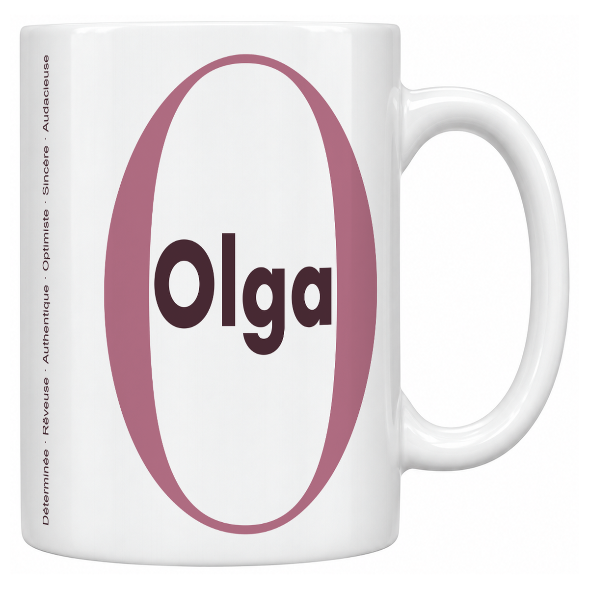 Mug blanc céramique 330 ml prénom Olga : grande initiale O, prénom Olga en lettres bold et six qualités verticales sur le côté