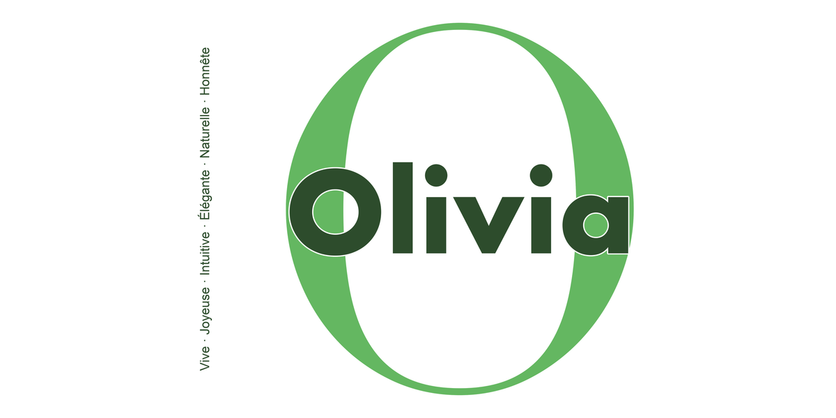 Visuel à plat du mug prénom Olivia : initiale O pleine hauteur, prénom Olivia centré et ligne verticale « Vive · Joyeuse · Intuitive · Élégante · Naturelle · Honnête »