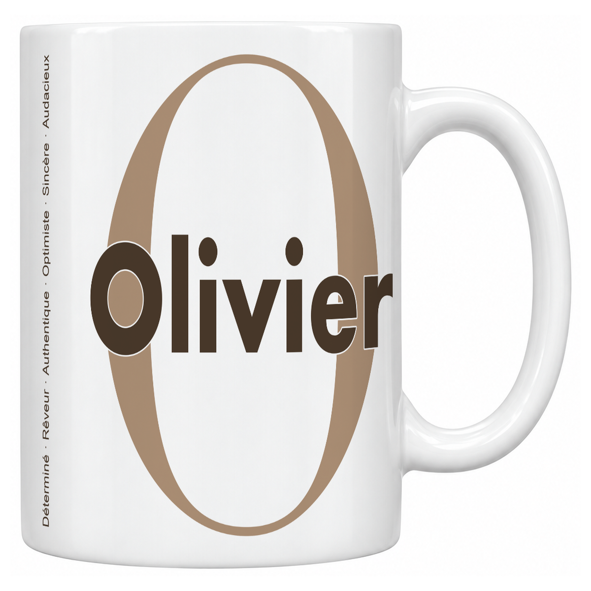 Mug blanc céramique 330 ml prénom Olivier : grande initiale O, prénom Olivier en lettres bold et six qualités verticales sur le côté