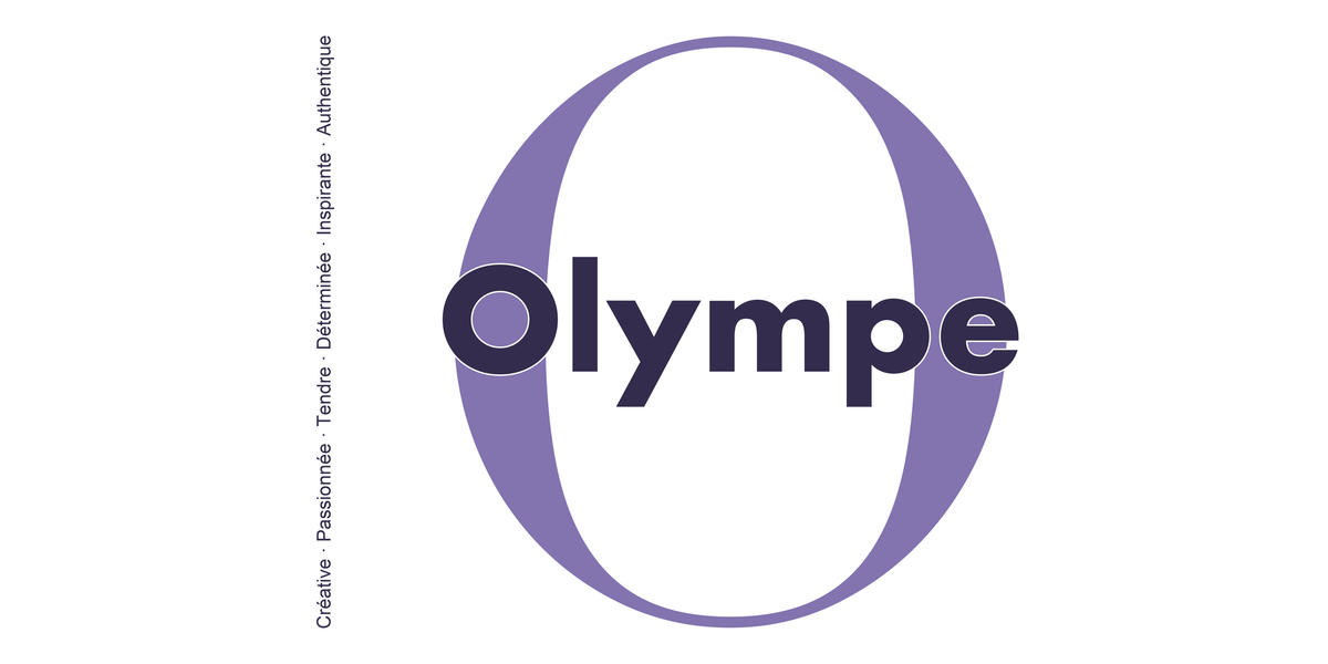Visuel à plat du mug prénom Olympe : initiale O pleine hauteur, prénom Olympe centré et ligne verticale « Créative · Passionnée · Tendre · Déterminée · Inspirante · Authentique »
