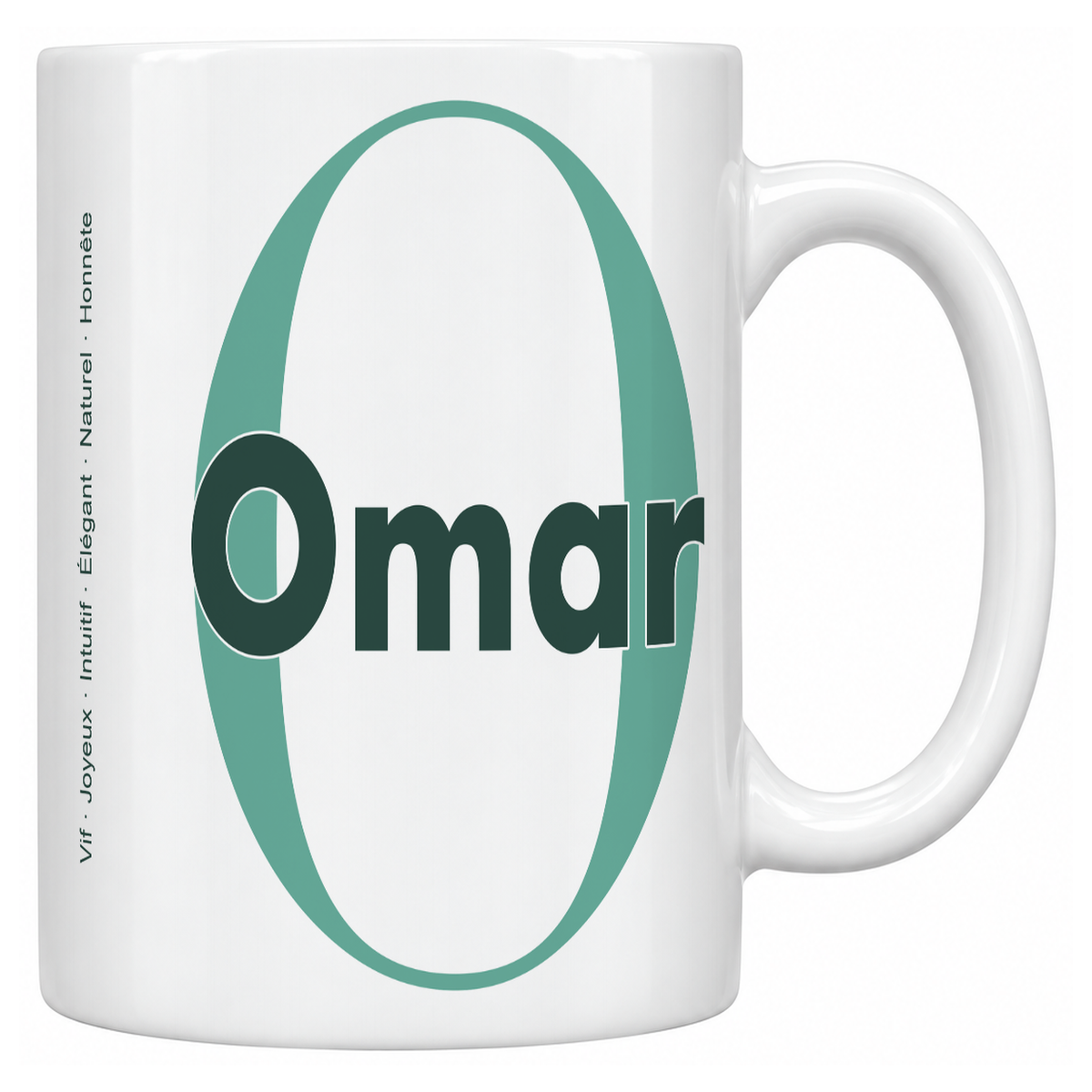 Mug blanc céramique 330 ml prénom Omar : grande initiale O, prénom Omar en lettres bold et six qualités verticales sur le côté