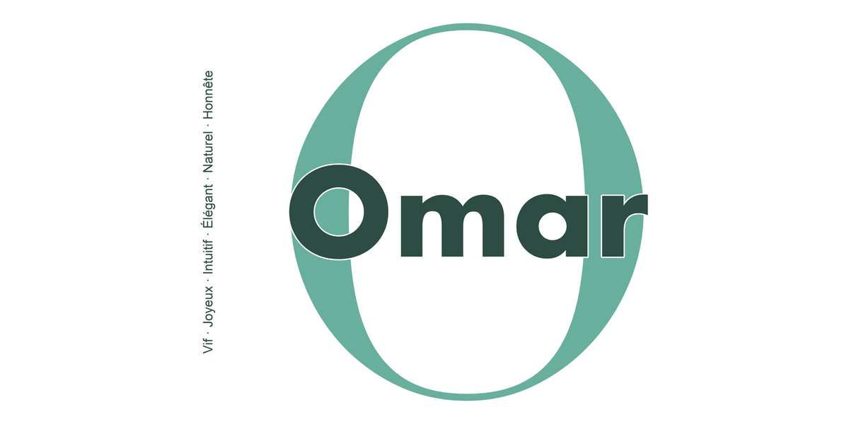 Visuel à plat du mug prénom Omar : initiale O pleine hauteur, prénom Omar centré et ligne verticale « Vif · Joyeux · Intuitif · Élégant · Naturel · Honnête »