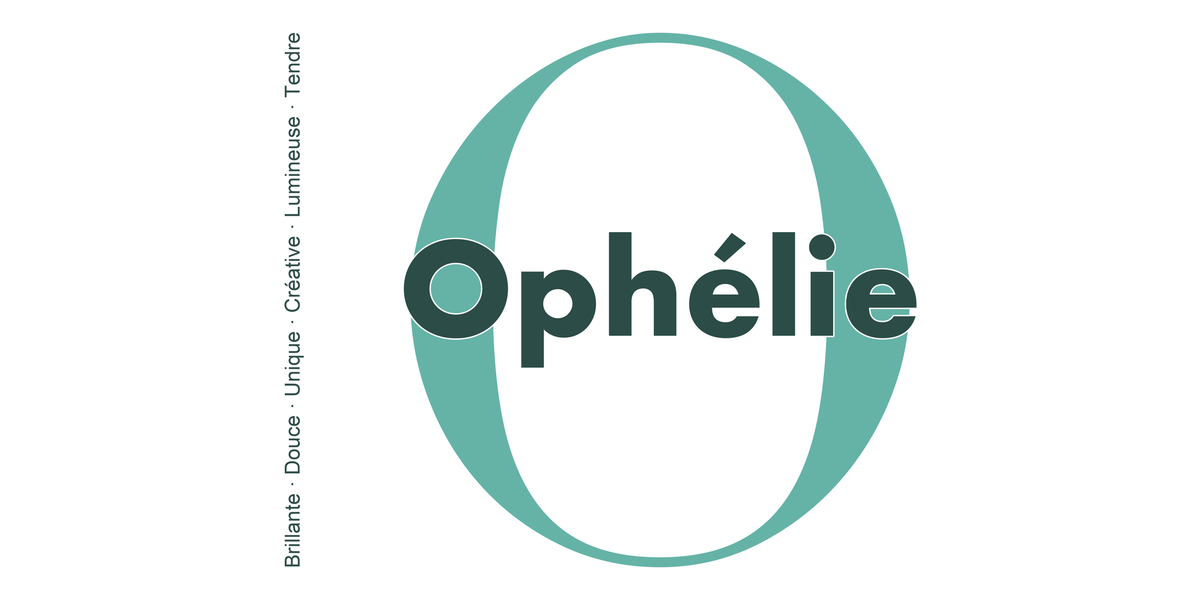 Visuel à plat du mug prénom Ophélie : initiale O pleine hauteur, prénom Ophélie centré et ligne verticale « Brillante · Douce · Unique · Créative · Lumineuse · Tendre »