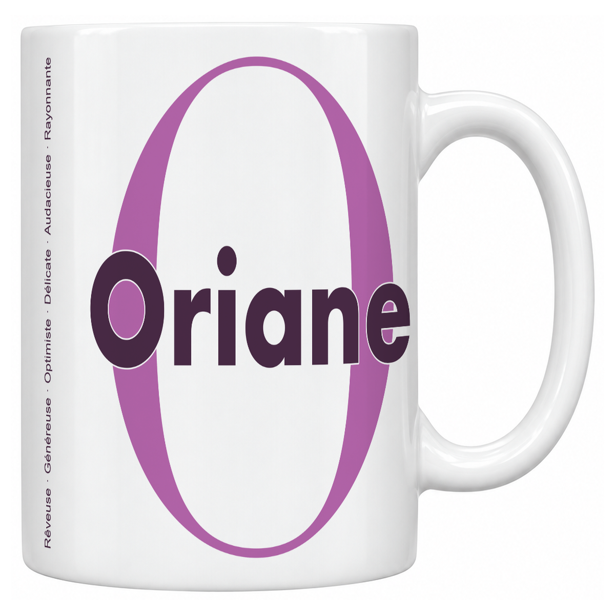 Mug blanc céramique 330 ml prénom Oriane : grande initiale O, prénom Oriane en lettres bold et six qualités verticales sur le côté