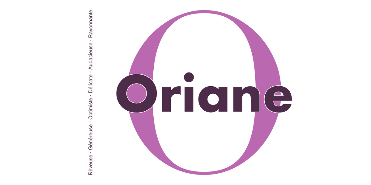 Visuel à plat du mug prénom Oriane : initiale O pleine hauteur, prénom Oriane centré et ligne verticale « Rêveuse · Généreuse · Optimiste · Délicate · Audacieuse · Rayonnante »