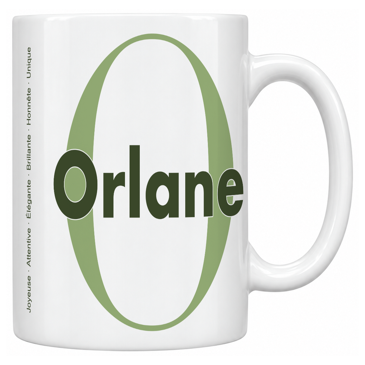 Mug blanc céramique 330 ml prénom Orlane : grande initiale O, prénom Orlane en lettres bold et six qualités verticales sur le côté