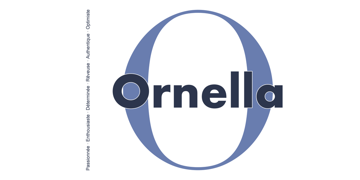 Visuel à plat du mug prénom Ornella : initiale O pleine hauteur, prénom Ornella centré et ligne verticale « Passionnée · Enthousiaste · Déterminée · Rêveuse · Authentique · Optimiste »
