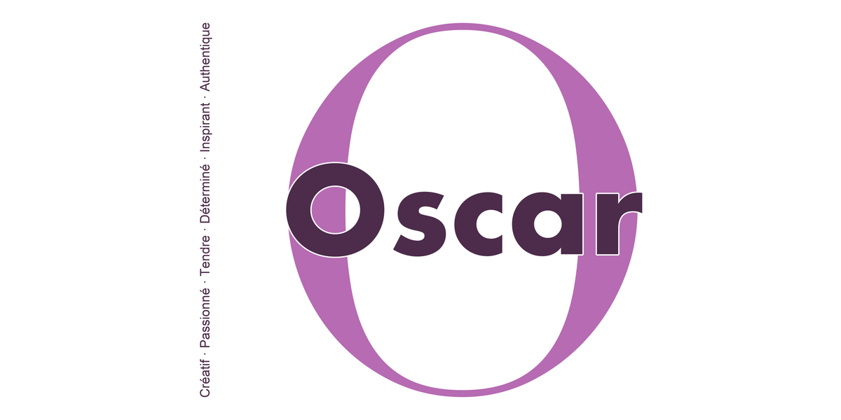 Visuel à plat du mug prénom Oscar : initiale O pleine hauteur, prénom Oscar centré et ligne verticale « Créatif · Passionné · Tendre · Déterminé · Inspirant · Authentique »
