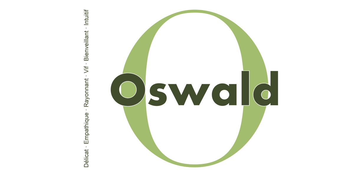 Visuel à plat du mug prénom Oswald : initiale O pleine hauteur, prénom Oswald centré et ligne verticale « Délicat · Empathique · Rayonnant · Vif · Bienveillant · Intuitif »