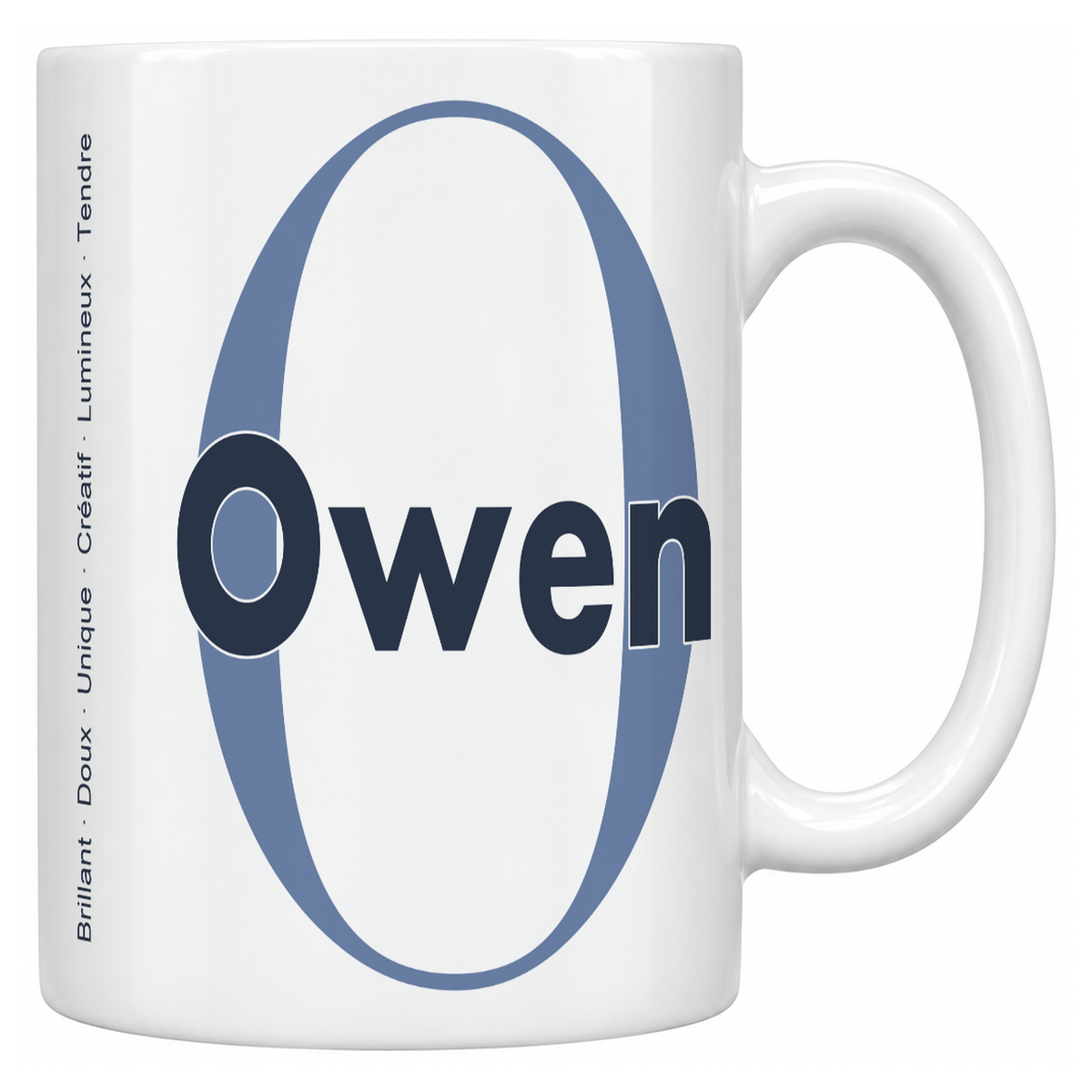 Mug blanc céramique 330 ml prénom Owen : grande initiale O, prénom Owen en lettres bold et six qualités verticales sur le côté