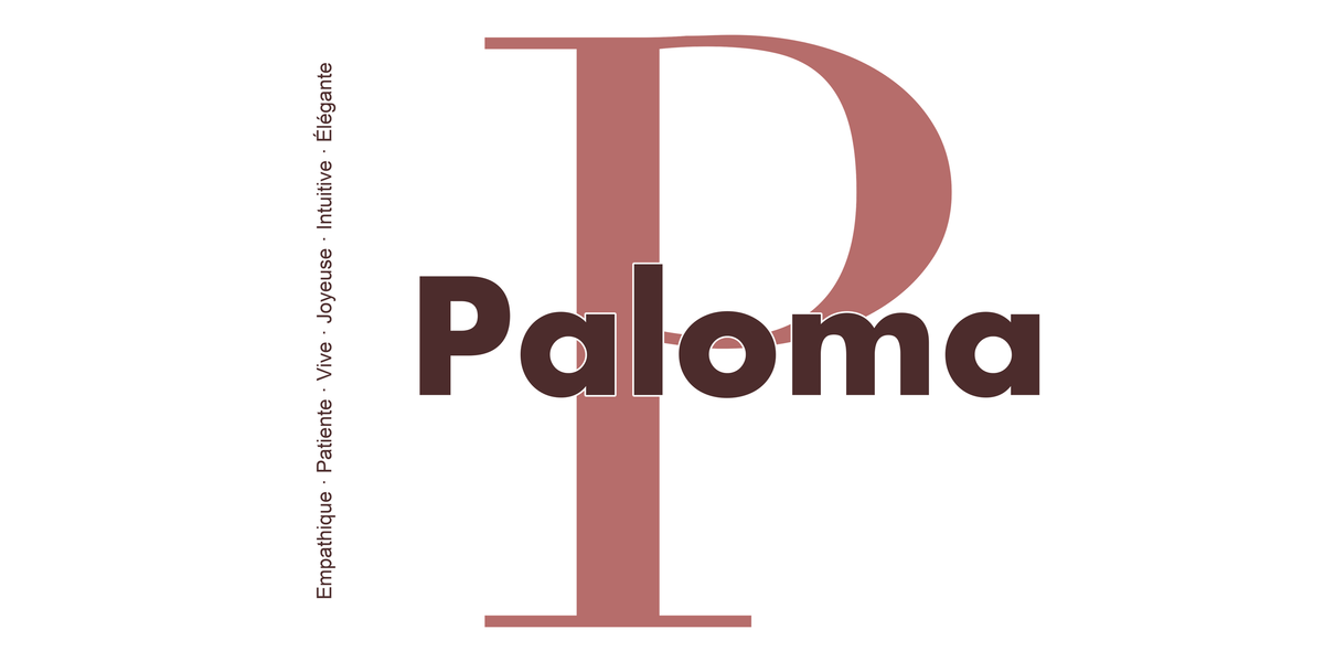 Visuel à plat du mug prénom Paloma : initiale P pleine hauteur, prénom Paloma centré et ligne verticale « Empathique · Patiente · Vive · Joyeuse · Intuitive · Élégante »