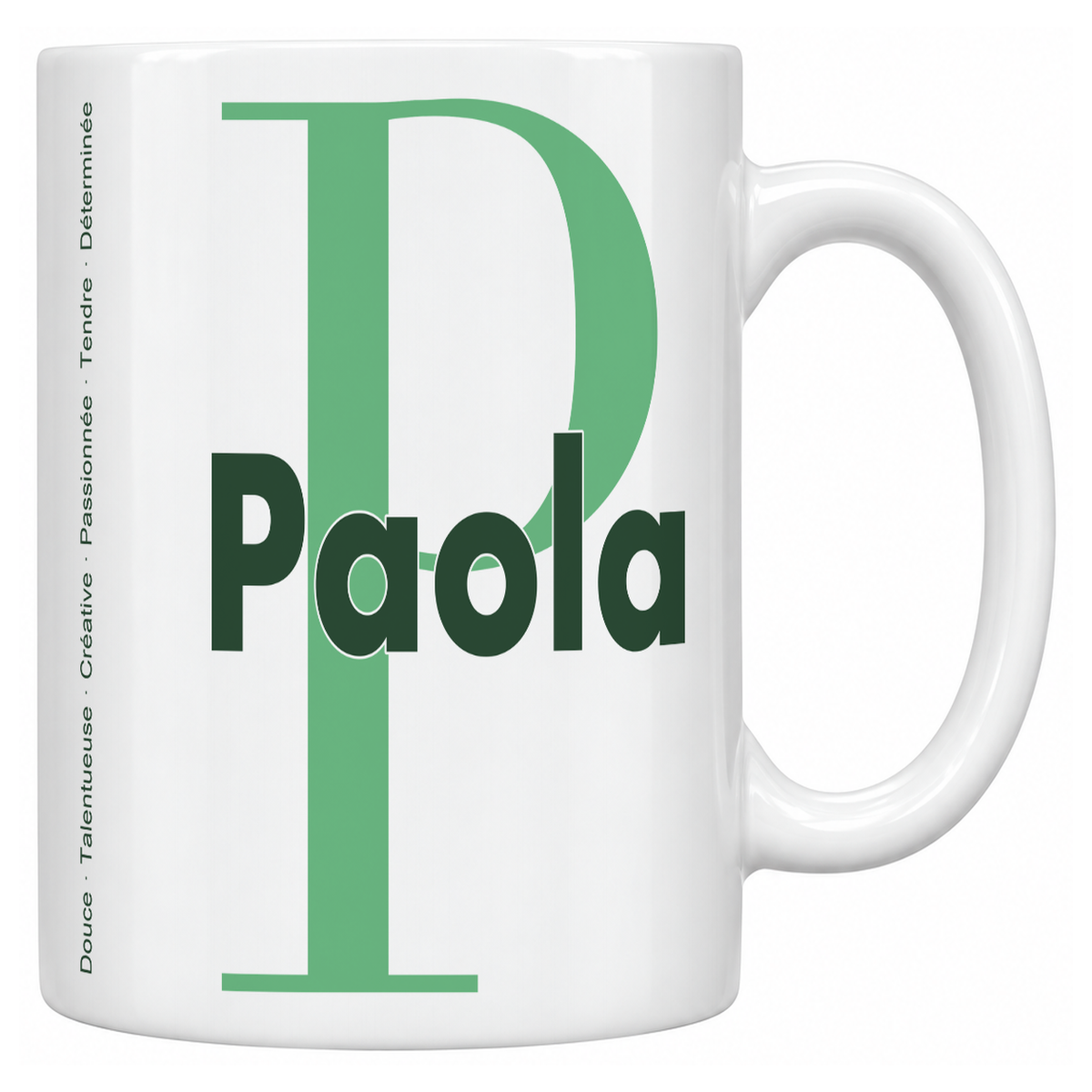 Mug blanc céramique 330 ml prénom Paola : grande initiale P, prénom Paola en lettres bold et six qualités verticales sur le côté