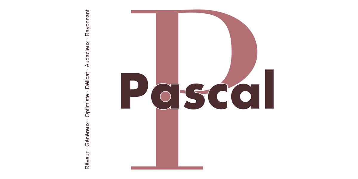Visuel à plat du mug prénom Pascal : initiale P pleine hauteur, prénom Pascal centré et ligne verticale « Rêveur · Généreux · Optimiste · Délicat · Audacieux · Rayonnant »