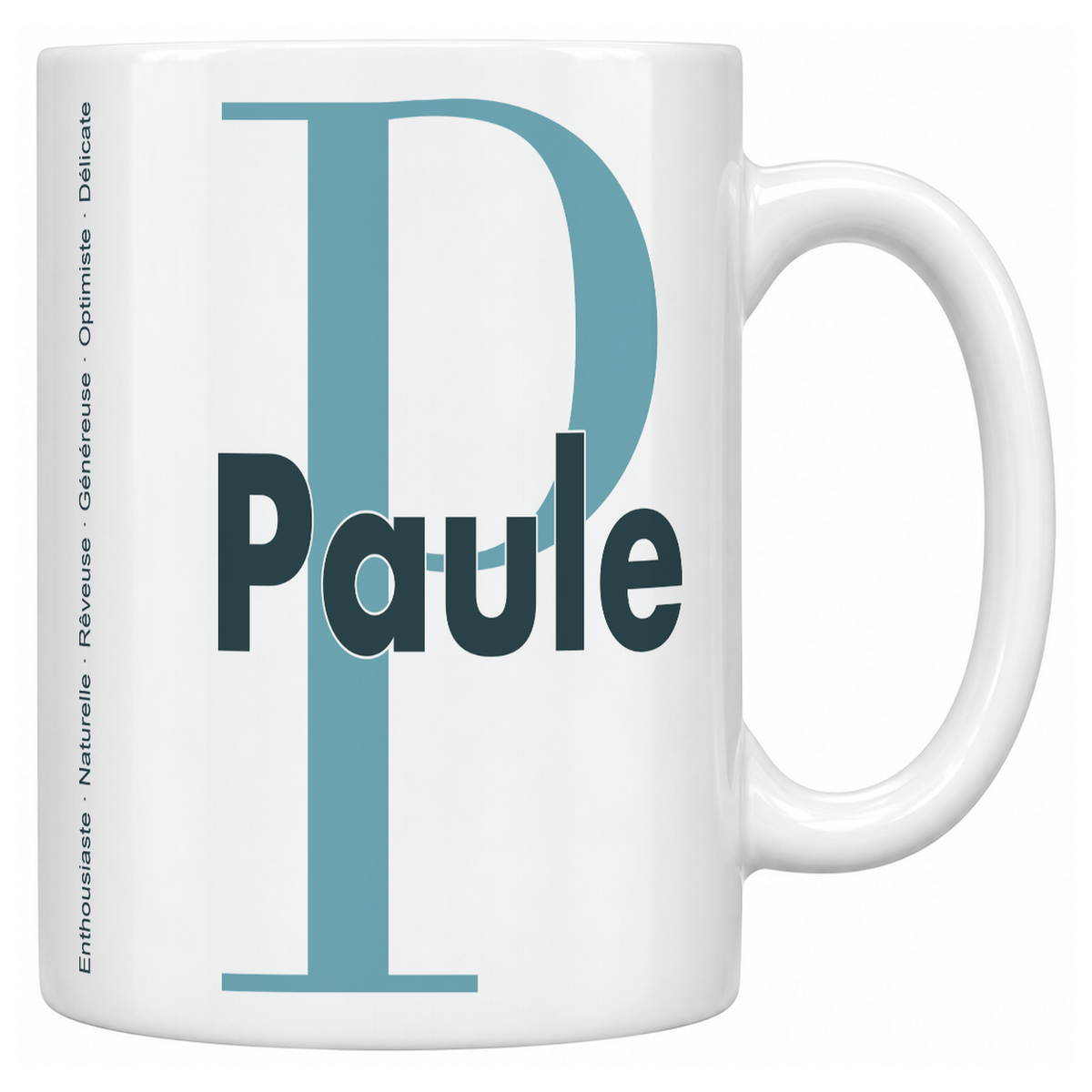 Mug blanc céramique 330 ml prénom Paule : grande initiale P, prénom Paule en lettres bold et six qualités verticales sur le côté