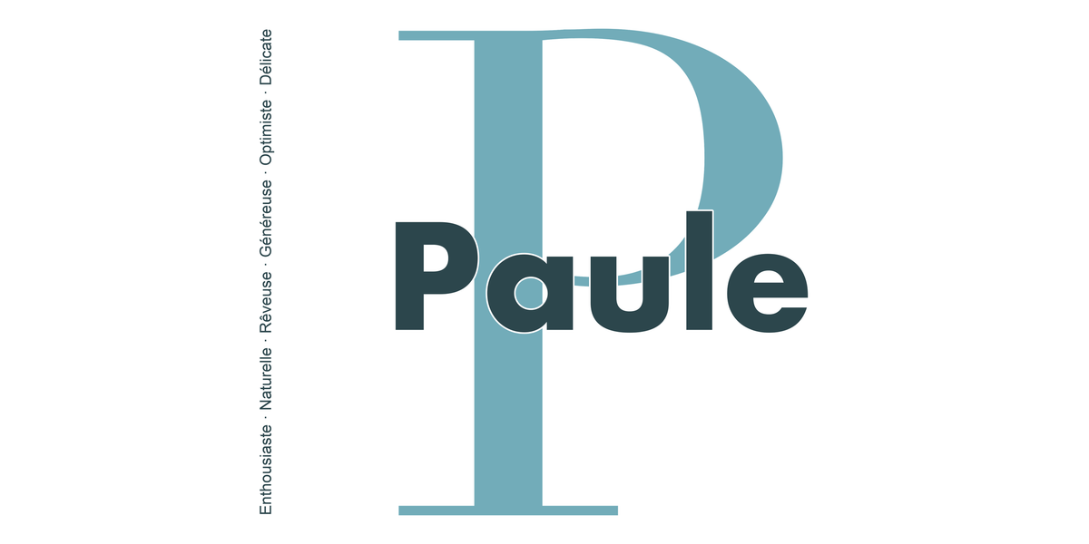 Visuel à plat du mug prénom Paule : initiale P pleine hauteur, prénom Paule centré et ligne verticale « Enthousiaste · Naturelle · Rêveuse · Généreuse · Optimiste · Délicate »