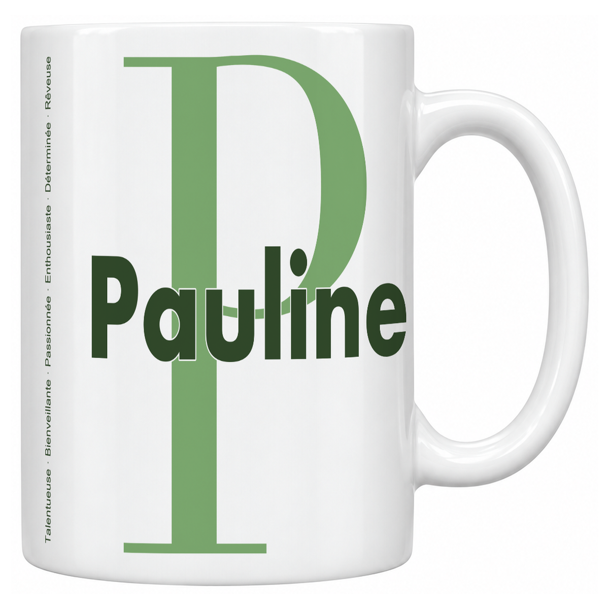 Mug blanc céramique 330 ml prénom Pauline : grande initiale P, prénom Pauline en lettres bold et six qualités verticales sur le côté