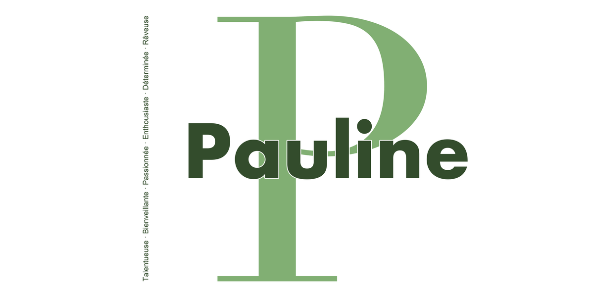 Visuel à plat du mug prénom Pauline : initiale P pleine hauteur, prénom Pauline centré et ligne verticale « Talentueuse · Bienveillante · Passionnée · Enthousiaste · Déterminée · Rêveuse »