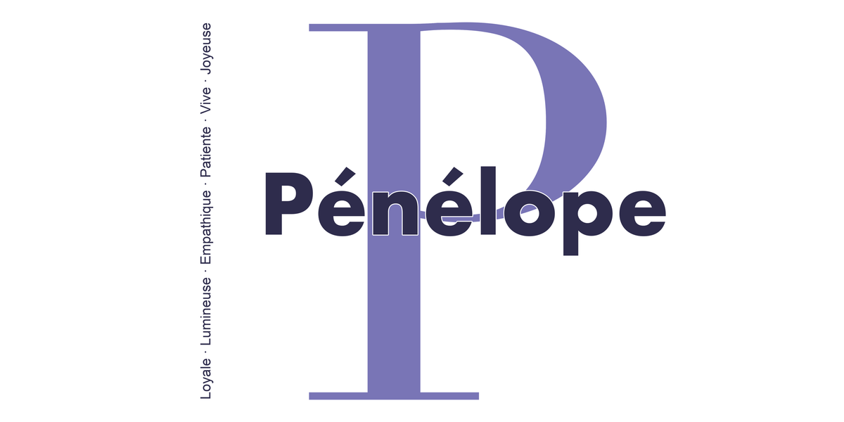 Visuel à plat du mug prénom Pénélope : initiale P pleine hauteur, prénom Pénélope centré et ligne verticale « Loyale · Lumineuse · Empathique · Patiente · Vive · Joyeuse »