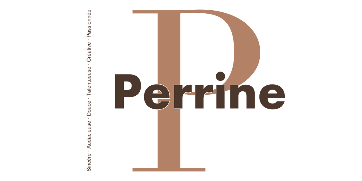 Visuel à plat du mug prénom Perrine : initiale P pleine hauteur, prénom Perrine centré et ligne verticale « Sincère · Audacieuse · Douce · Talentueuse · Créative · Passionnée »