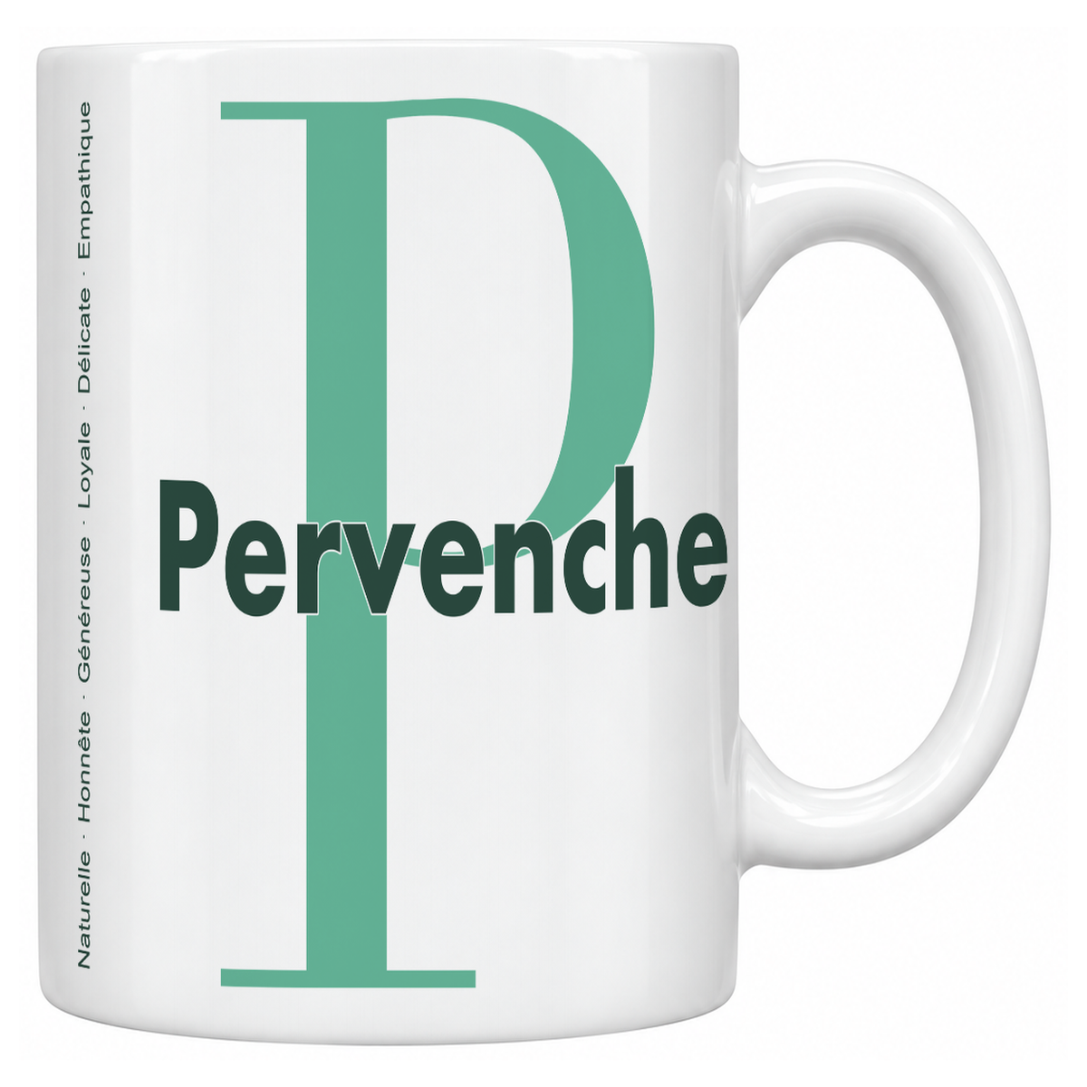 Mug blanc céramique 330 ml prénom Pervenche : grande initiale P, prénom Pervenche en lettres bold et six qualités verticales sur le côté
