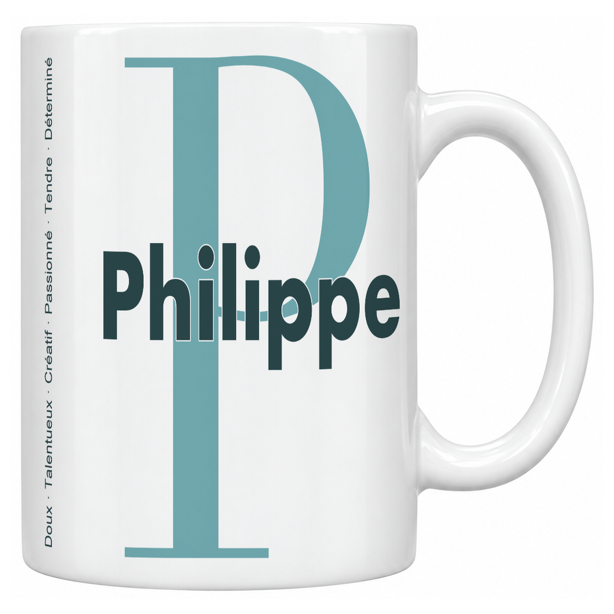 Mug blanc céramique 330 ml prénom Philippe : grande initiale P, prénom Philippe en lettres bold et six qualités verticales sur le côté