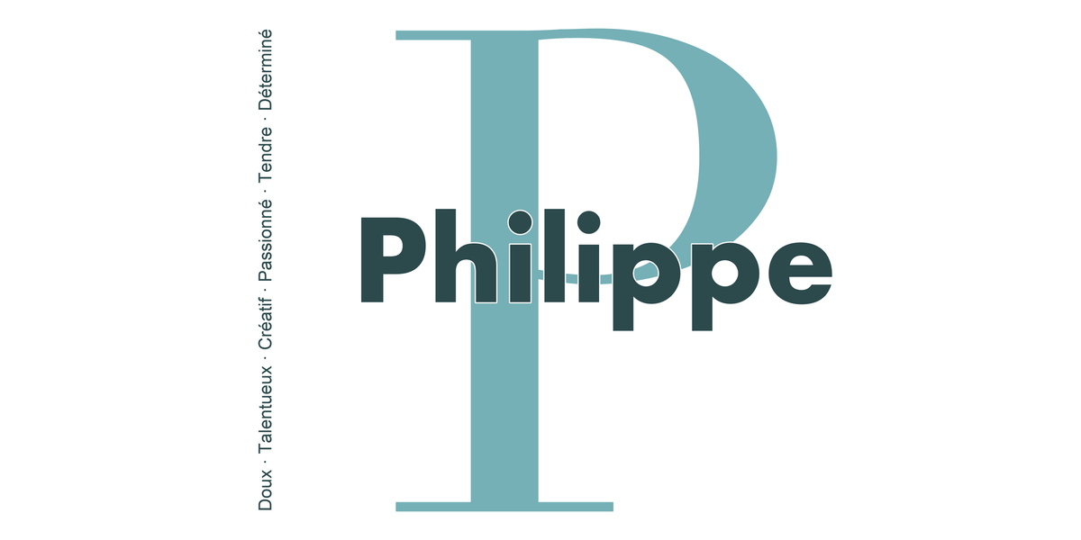 Visuel à plat du mug prénom Philippe : initiale P pleine hauteur, prénom Philippe centré et ligne verticale « Doux · Talentueux · Créatif · Passionné · Tendre · Déterminé »