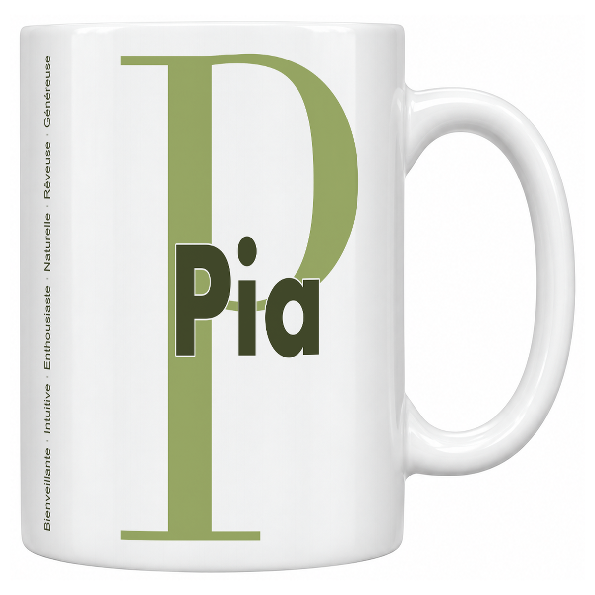 Mug blanc céramique 330 ml prénom Pia : grande initiale P, prénom Pia en lettres bold et six qualités verticales sur le côté