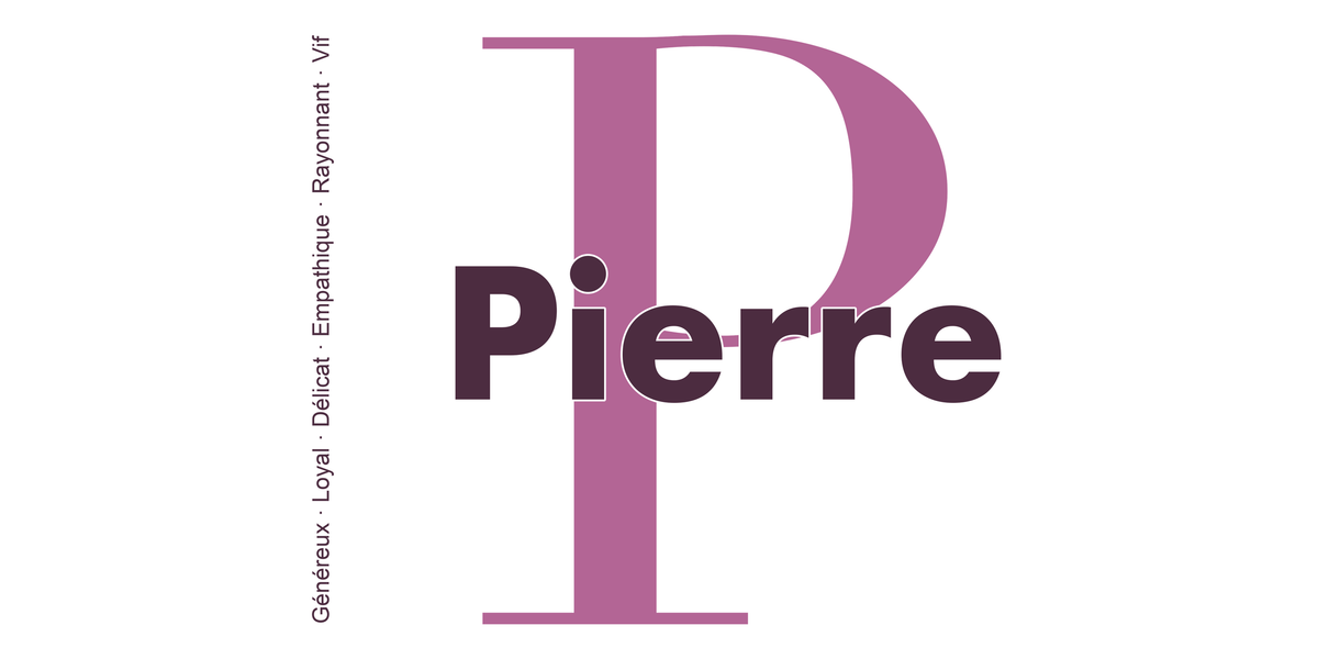 Visuel à plat du mug prénom Pierre : initiale P pleine hauteur, prénom Pierre centré et ligne verticale « Généreux · Loyal · Délicat · Empathique · Rayonnant · Vif »