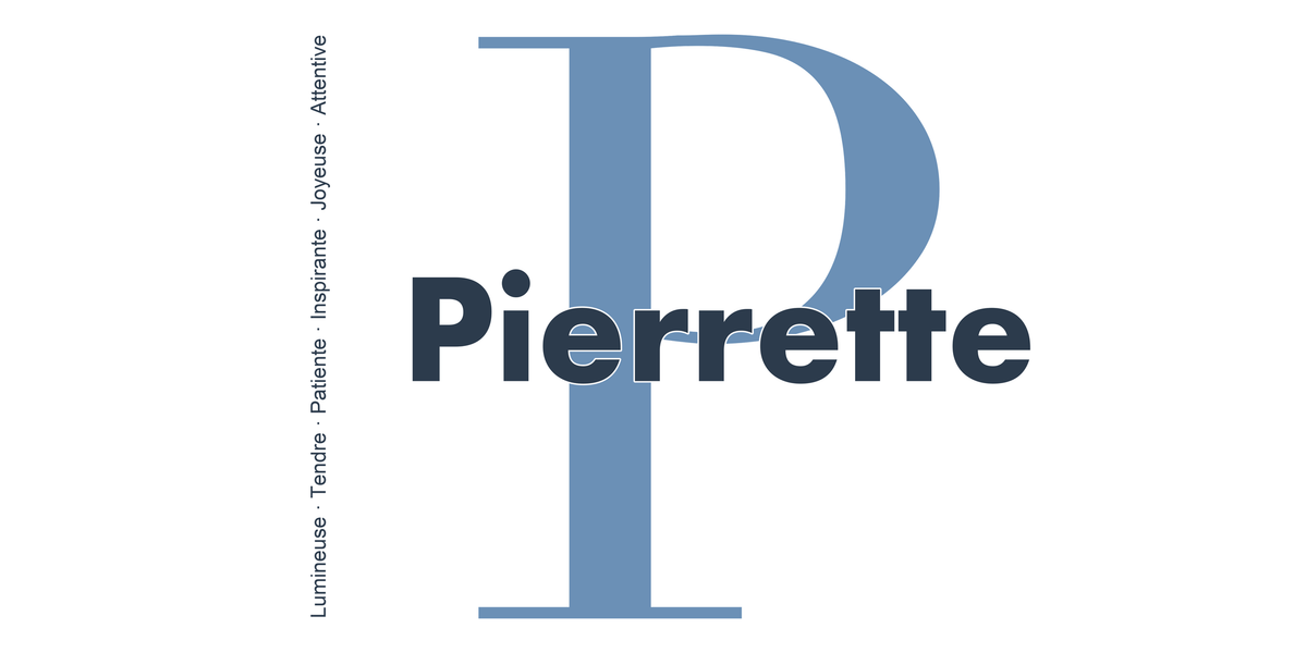 Visuel à plat du mug prénom Pierrette : initiale P pleine hauteur, prénom Pierrette centré et ligne verticale « Lumineuse · Tendre · Patiente · Inspirante · Joyeuse · Attentive »