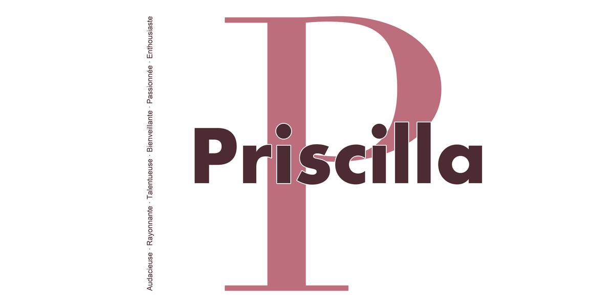 Visuel à plat du mug prénom Priscilla : initiale P pleine hauteur, prénom Priscilla centré et ligne verticale « Audacieuse · Rayonnante · Talentueuse · Bienveillante · Passionnée · Enthousiaste »