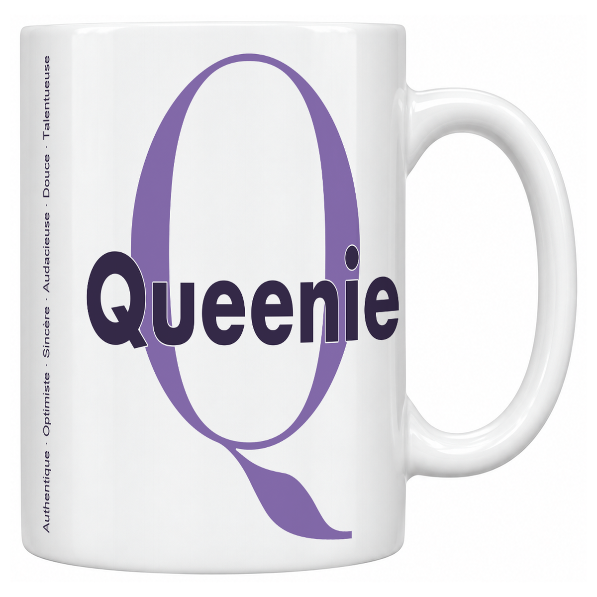 Mug blanc céramique 330 ml prénom Queenie : grande initiale Q, prénom Queenie en lettres bold et six qualités verticales sur le côté