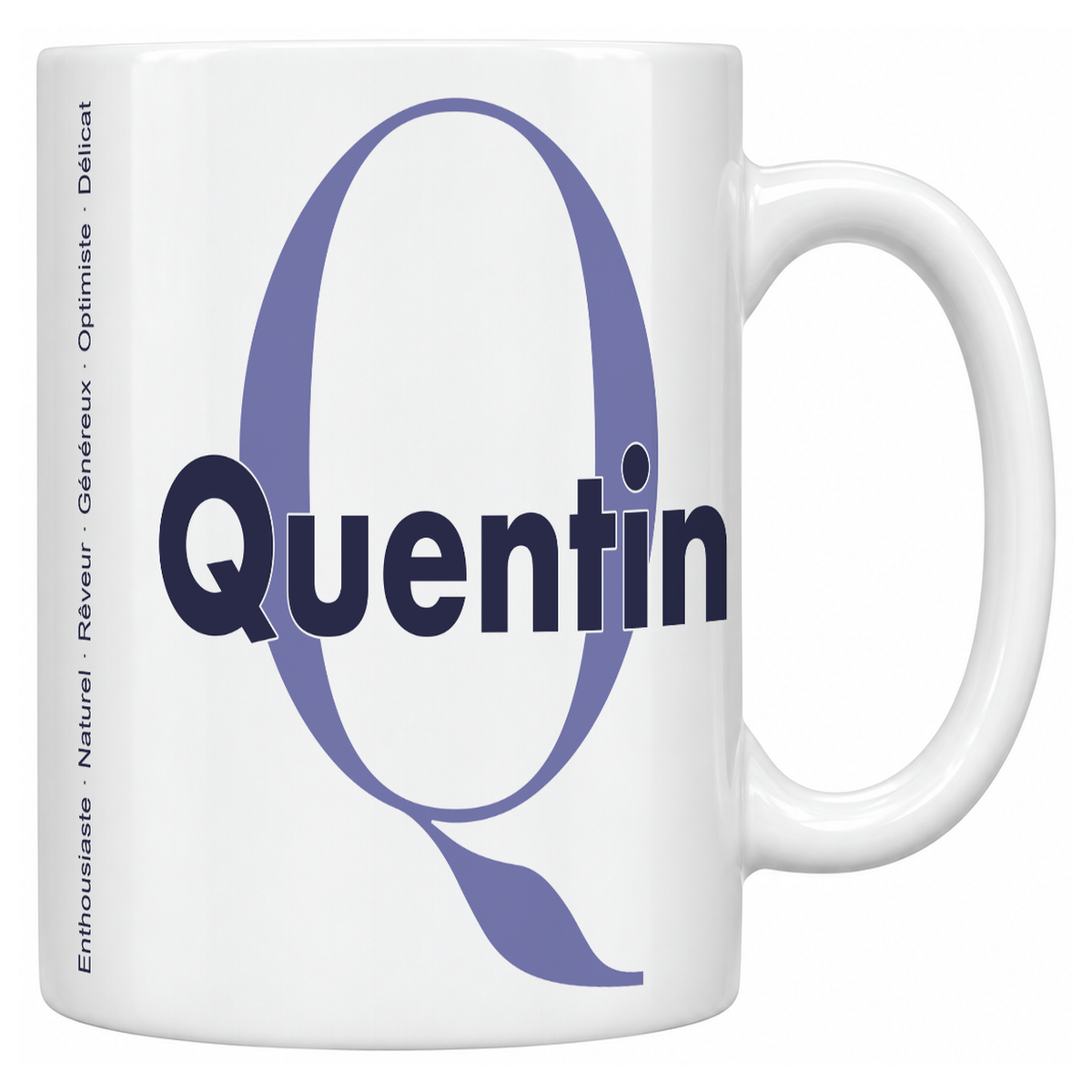 Mug blanc céramique 330 ml prénom Quentin : grande initiale Q, prénom Quentin en lettres bold et six qualités verticales sur le côté