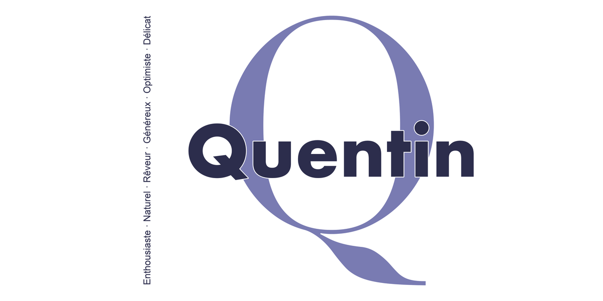 Visuel à plat du mug prénom Quentin : initiale Q pleine hauteur, prénom Quentin centré et ligne verticale « Enthousiaste · Naturel · Rêveur · Généreux · Optimiste · Délicat »
