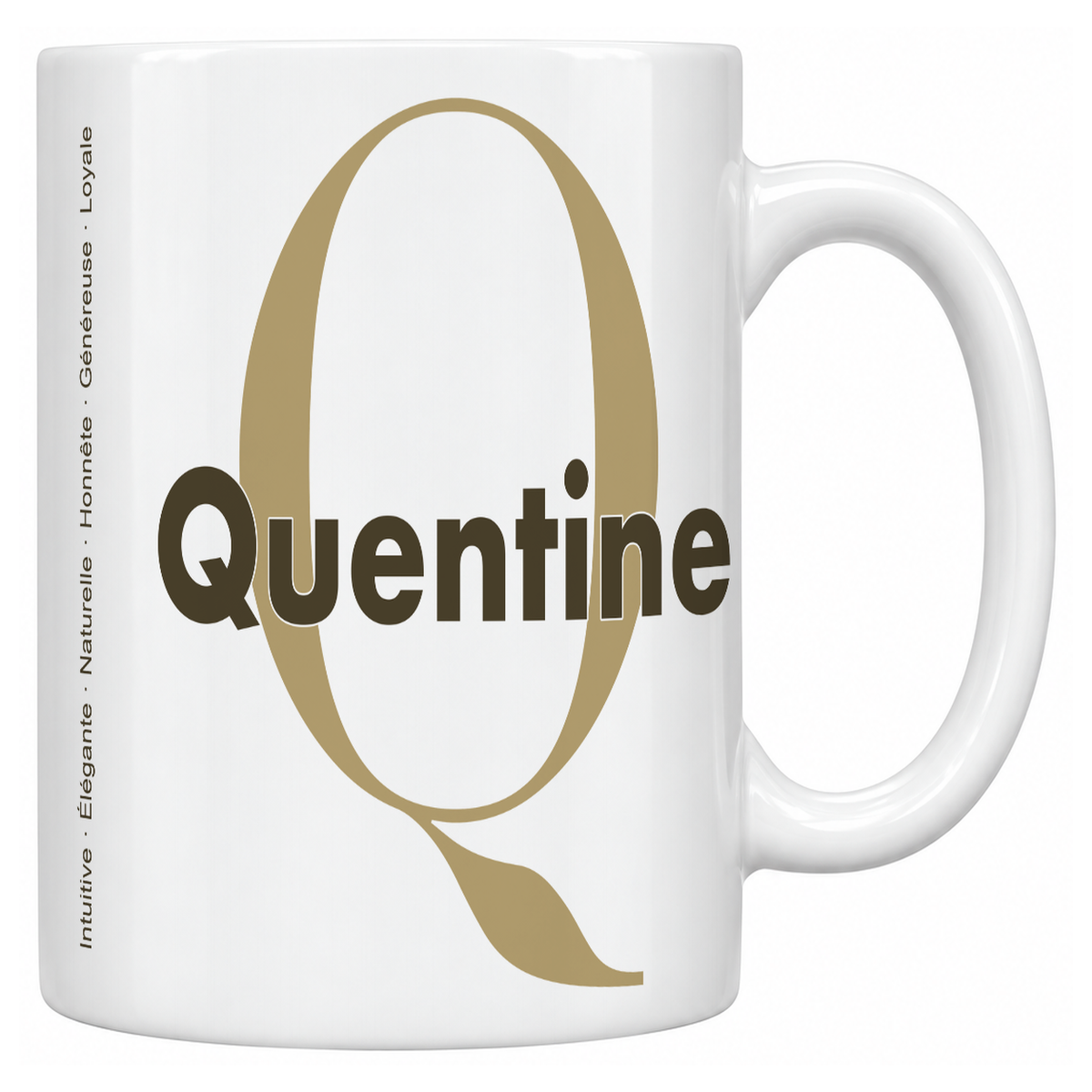 Mug blanc céramique 330 ml prénom Quentine : grande initiale Q, prénom Quentine en lettres bold et six qualités verticales sur le côté
