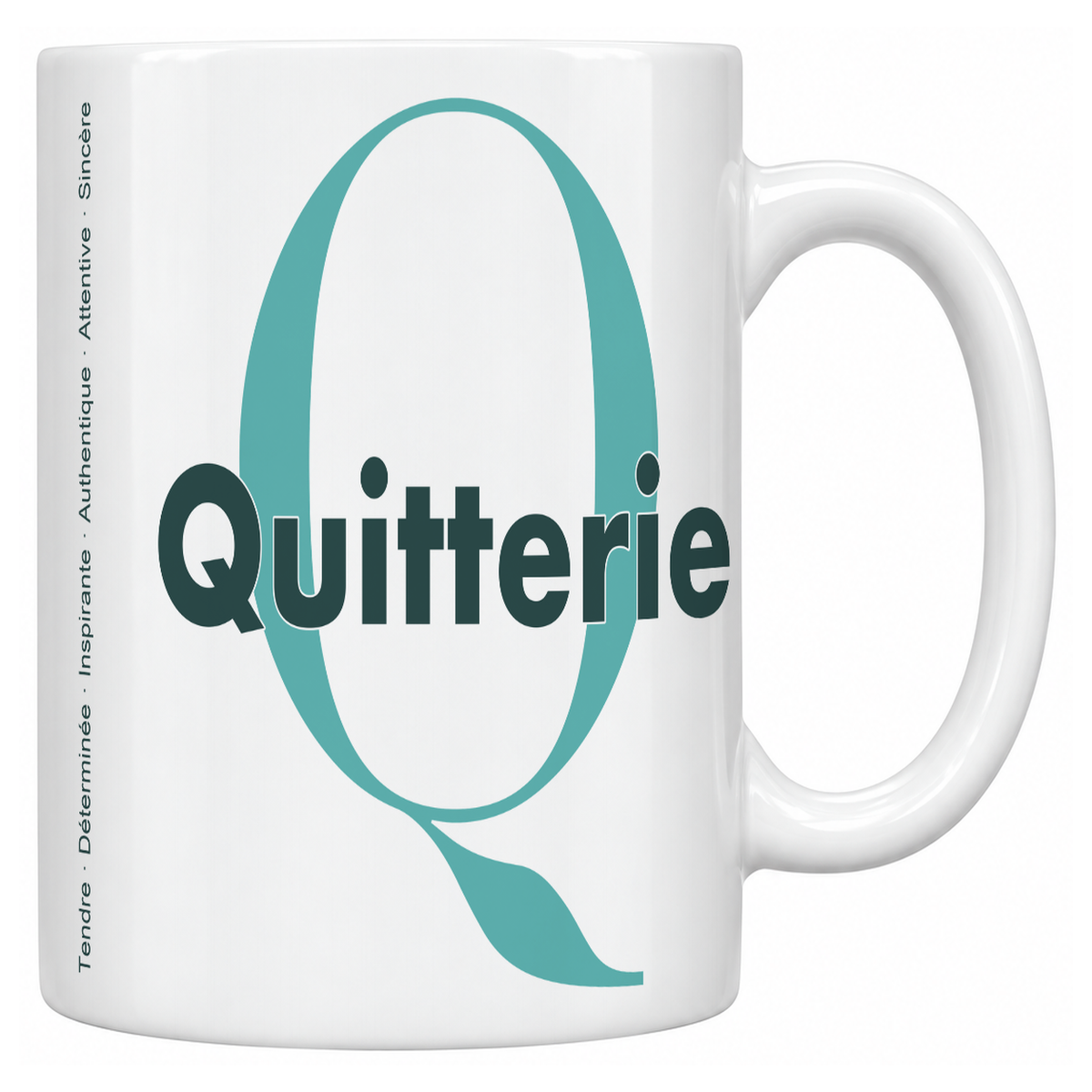Mug blanc céramique 330 ml prénom Quitterie : grande initiale Q, prénom Quitterie en lettres bold et six qualités verticales sur le côté