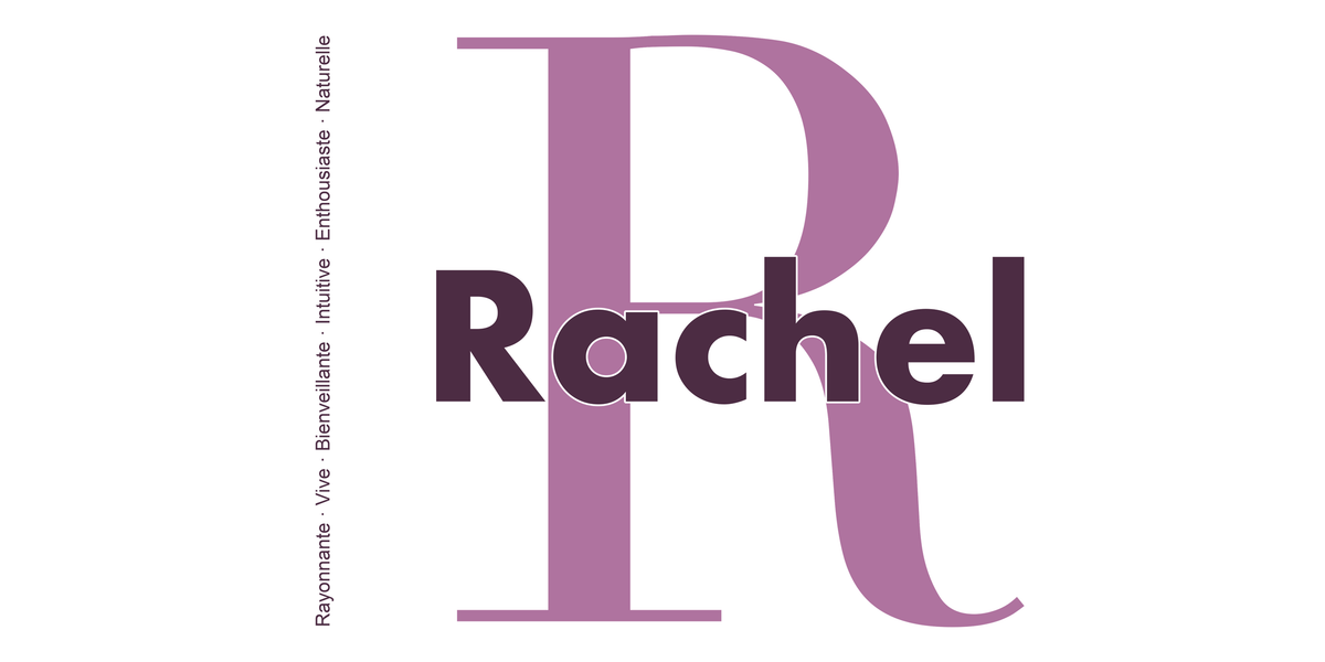 Visuel à plat du mug prénom Rachel : initiale R pleine hauteur, prénom Rachel centré et ligne verticale « Rayonnante · Vive · Bienveillante · Intuitive · Enthousiaste · Naturelle »