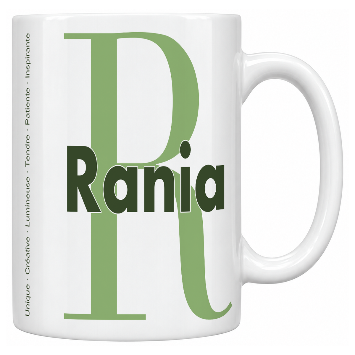 Mug blanc céramique 330 ml prénom Rania : grande initiale R, prénom Rania en lettres bold et six qualités verticales sur le côté