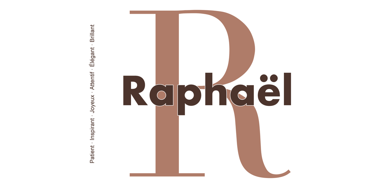 Visuel à plat du mug prénom Raphaël : initiale R pleine hauteur, prénom Raphaël centré et ligne verticale « Patient · Inspirant · Joyeux · Attentif · Élégant · Brillant »