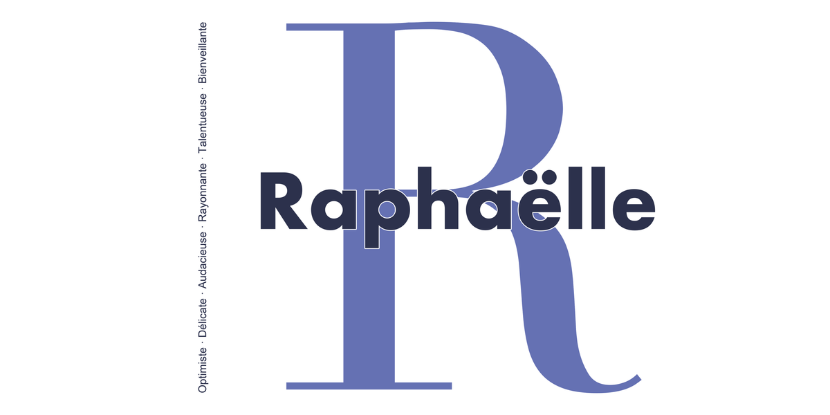Visuel à plat du mug prénom Raphaëlle : initiale R pleine hauteur, prénom Raphaëlle centré et ligne verticale « Optimiste · Délicate · Audacieuse · Rayonnante · Talentueuse · Bienveillante »