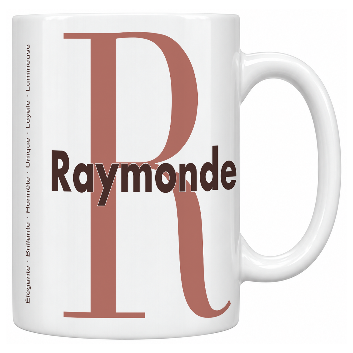 Mug blanc céramique 330 ml prénom Raymonde : grande initiale R, prénom Raymonde en lettres bold et six qualités verticales sur le côté