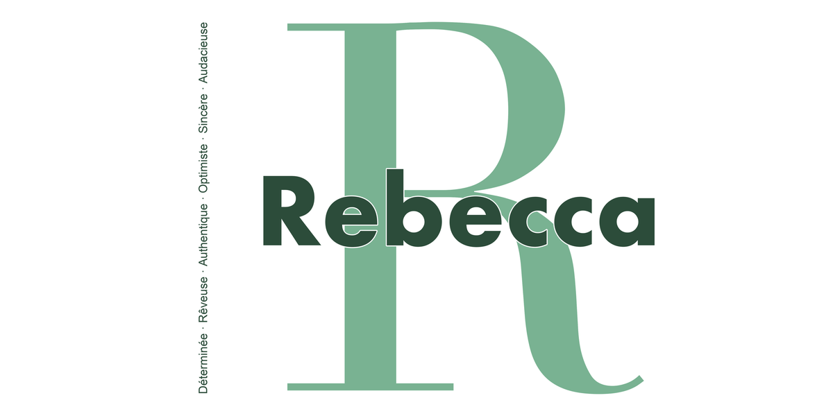 Visuel à plat du mug prénom Rebecca : initiale R pleine hauteur, prénom Rebecca centré et ligne verticale « Déterminée · Rêveuse · Authentique · Optimiste · Sincère · Audacieuse »