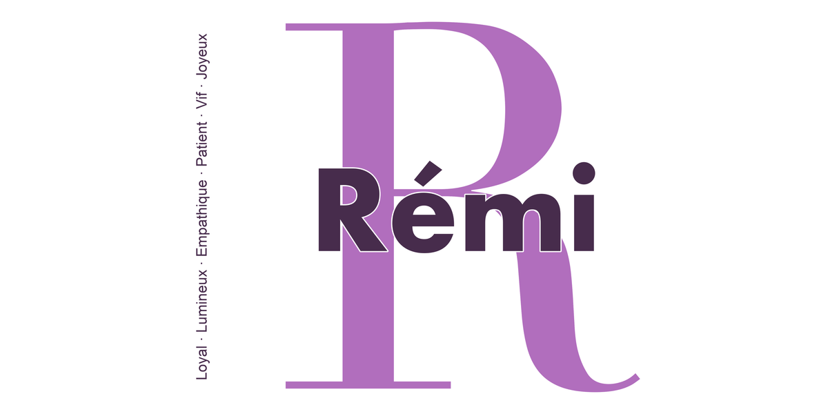 Visuel à plat du mug prénom Rémi : initiale R pleine hauteur, prénom Rémi centré et ligne verticale « Loyal · Lumineux · Empathique · Patient · Vif · Joyeux »