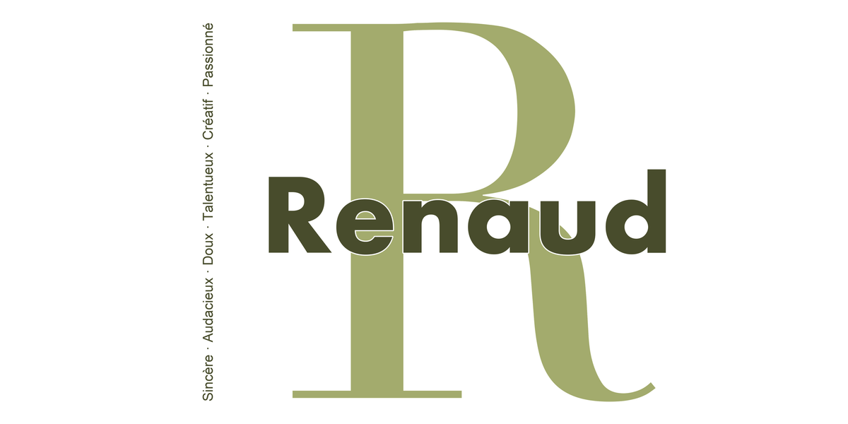 Visuel à plat du mug prénom Renaud : initiale R pleine hauteur, prénom Renaud centré et ligne verticale « Sincère · Audacieux · Doux · Talentueux · Créatif · Passionné »