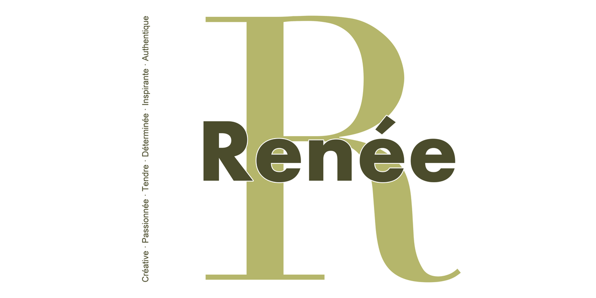 Visuel à plat du mug prénom Renée : initiale R pleine hauteur, prénom Renée centré et ligne verticale « Créative · Passionnée · Tendre · Déterminée · Inspirante · Authentique »