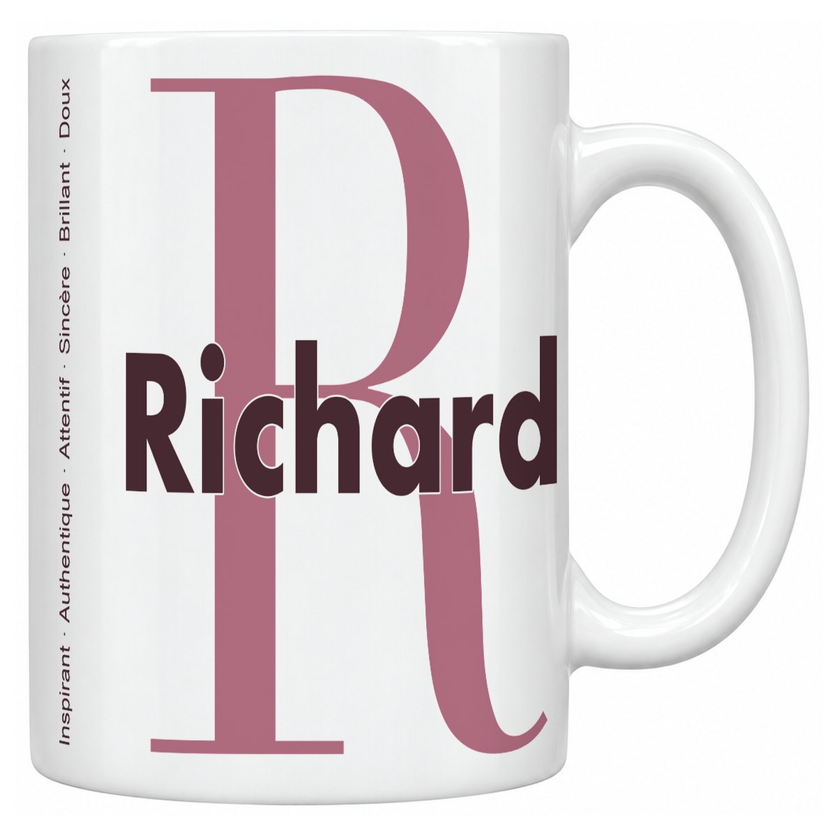 Mug blanc céramique 330 ml prénom Richard : grande initiale R, prénom Richard en lettres bold et six qualités verticales sur le côté