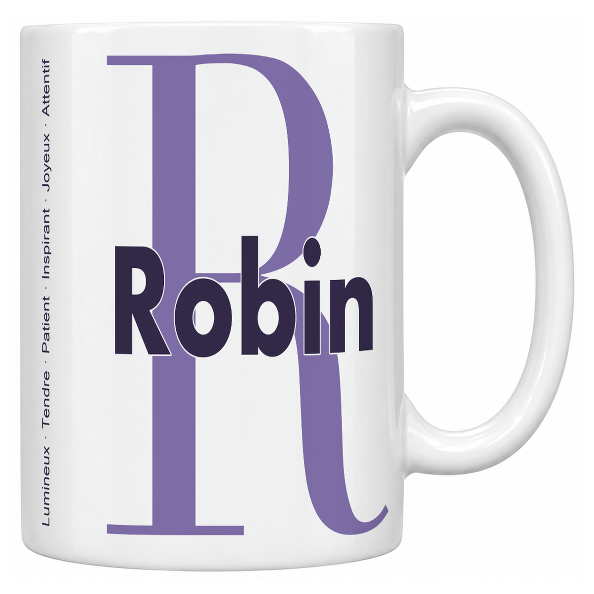 Mug blanc céramique 330 ml prénom Robin : grande initiale R, prénom Robin en lettres bold et six qualités verticales sur le côté