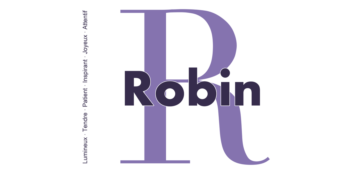 Visuel à plat du mug prénom Robin : initiale R pleine hauteur, prénom Robin centré et ligne verticale « Lumineux · Tendre · Patient · Inspirant · Joyeux · Attentif »