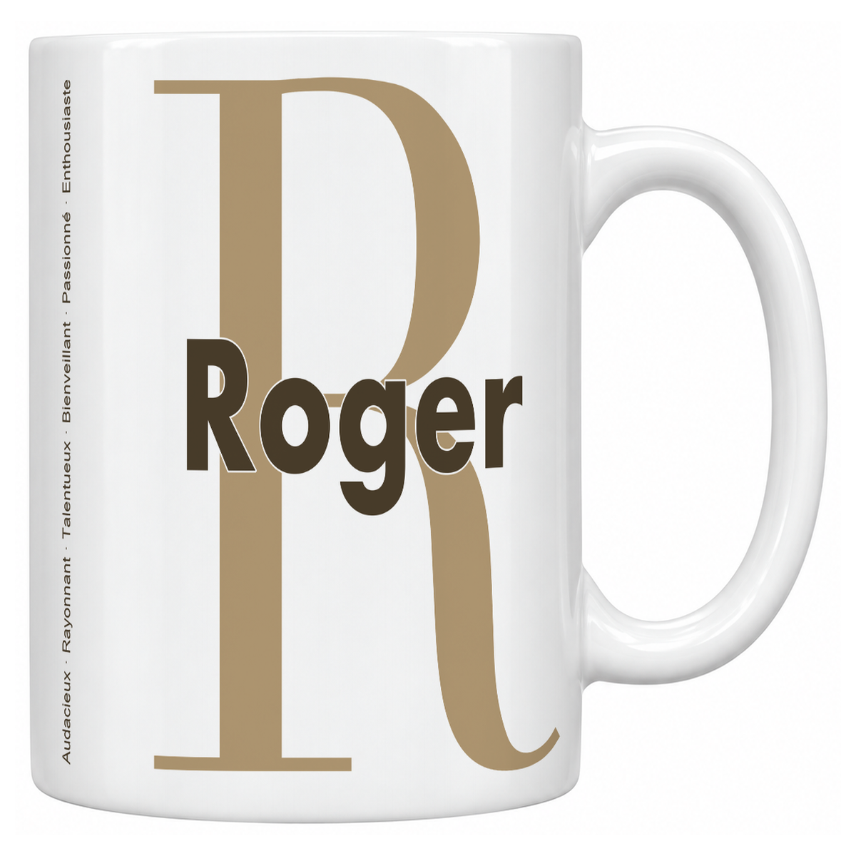 Mug blanc céramique 330 ml prénom Roger : grande initiale R, prénom Roger en lettres bold et six qualités verticales sur le côté