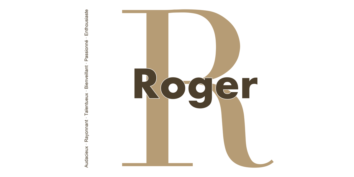 Visuel à plat du mug prénom Roger : initiale R pleine hauteur, prénom Roger centré et ligne verticale « Audacieux · Rayonnant · Talentueux · Bienveillant · Passionné · Enthousiaste »